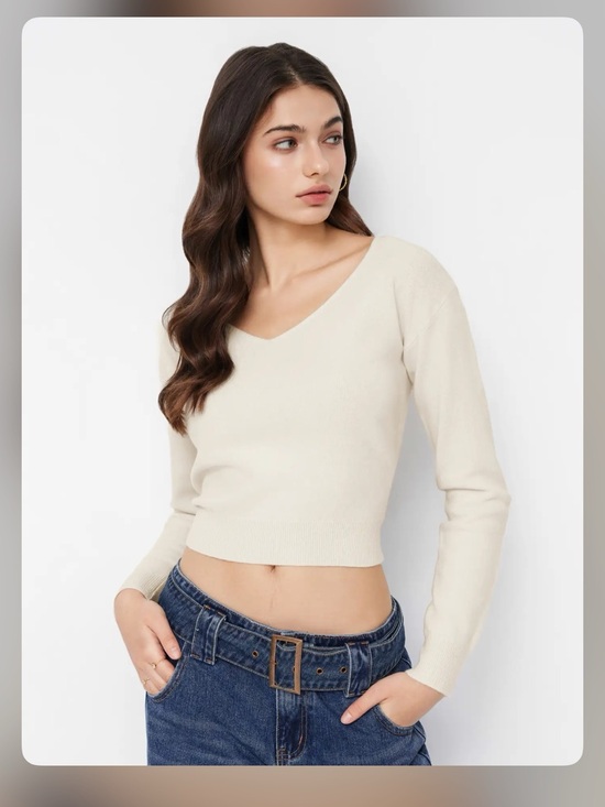 Cider Tops - Cider 100% WOOL V-NECK SOLID RUCHED LONG SLEEVE TOP M CR23-29